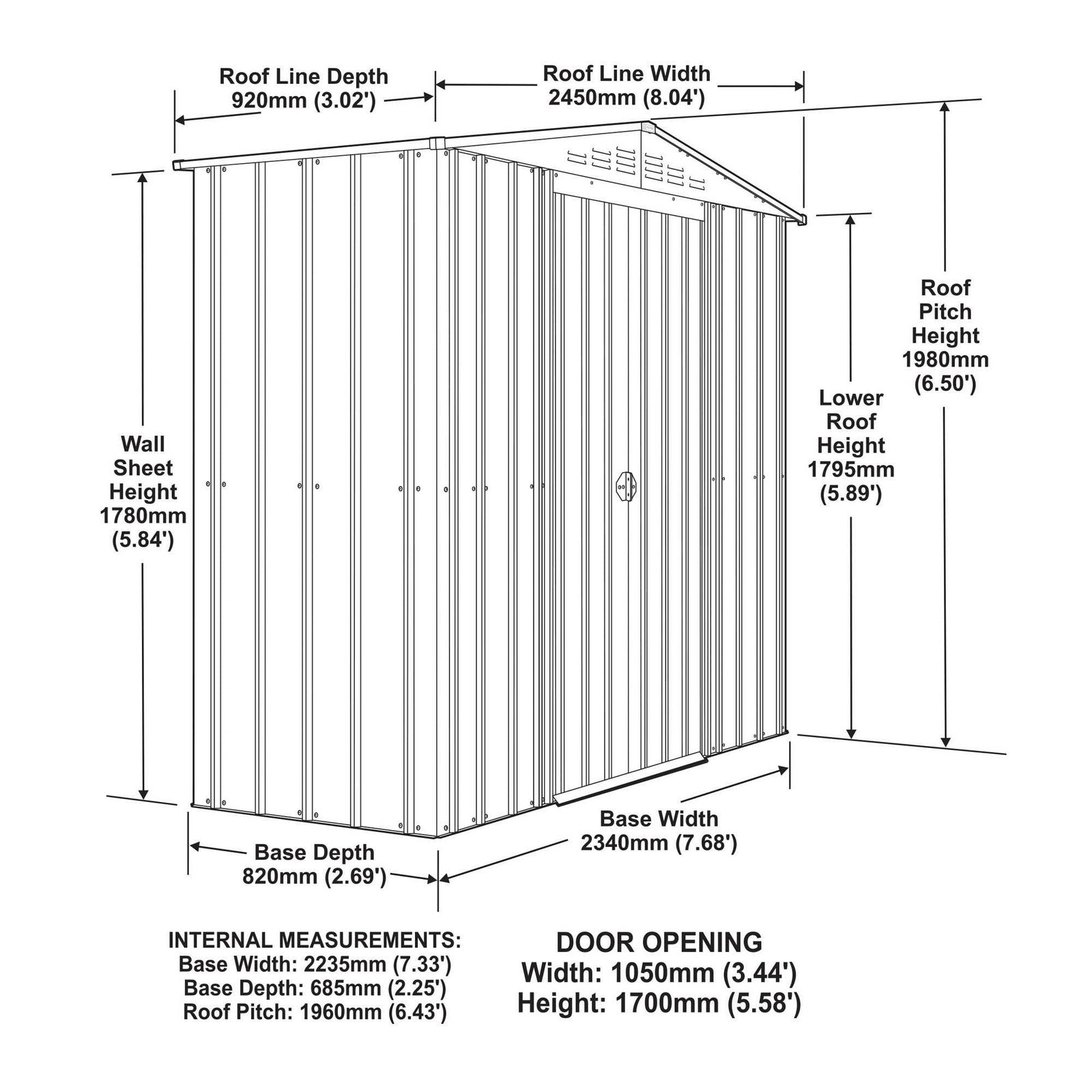 Globel 8 x 3 ft Grey Apex Metal Shed - image 8